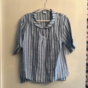 Blue and White Relaxed Linen Blouse with Peter Pan Collar